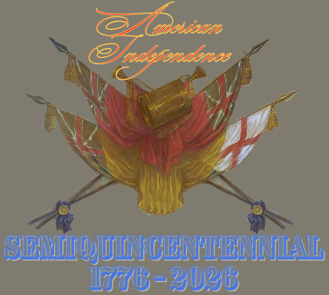 An artistic emblem with flags and text celebrating American Independence.