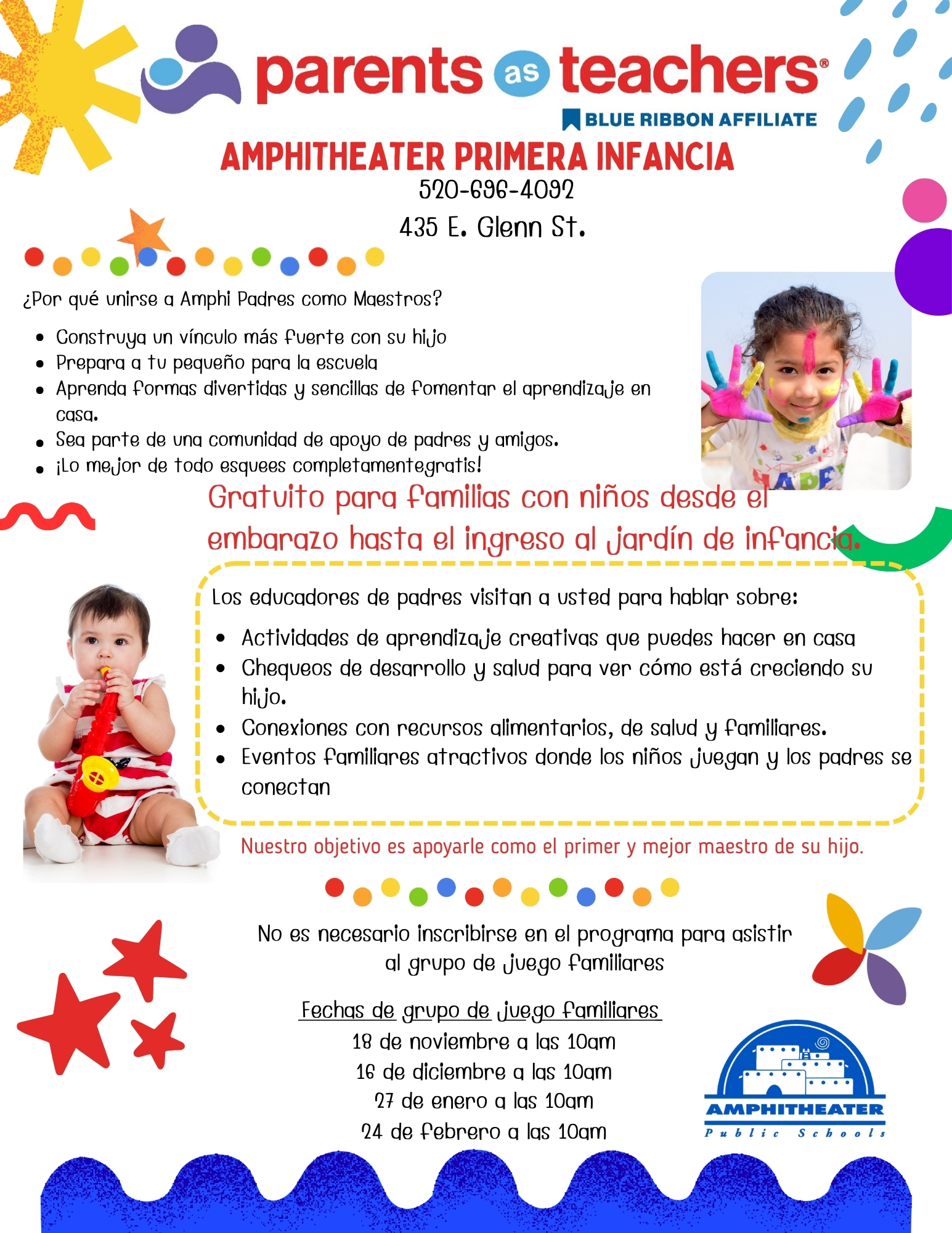 Flyer for Parents & Teachers Amphitheater Primera Infancia program, featuring a baby and child.