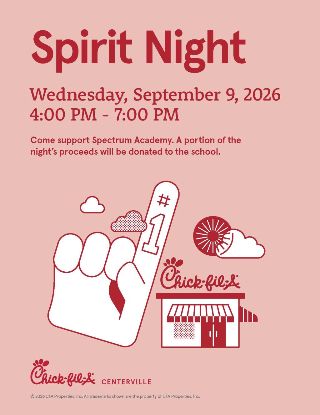 A pink flyer for a Spirit Night event on Wednesday, September 9, 2026, from 4:00 PM to 7:00 PM to support Spartans Academy at Chick-fil-A.