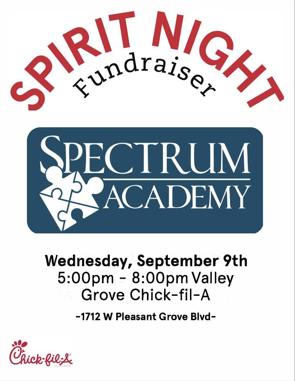 A flyer announces a Spectrum Academy Spirit Night Fundraiser at Valley Grove Chick-fil-A on Wednesday, September 9th, from 5:00 pm to 8:00 pm.