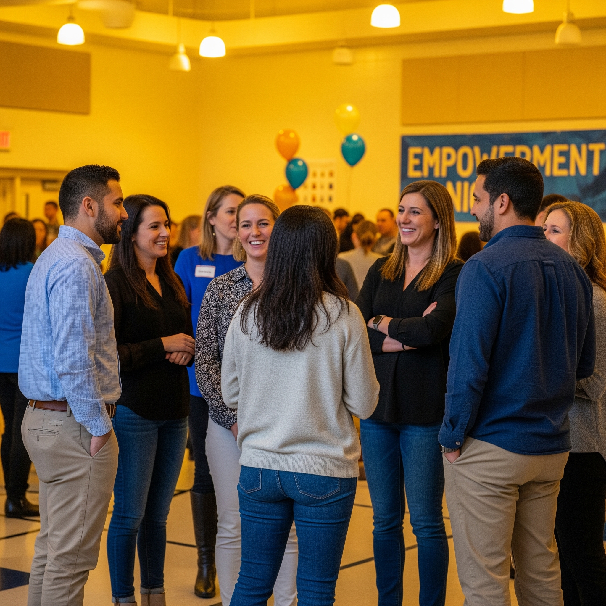 A group of people are gathered in a brightly lit room, engaged in conversation.