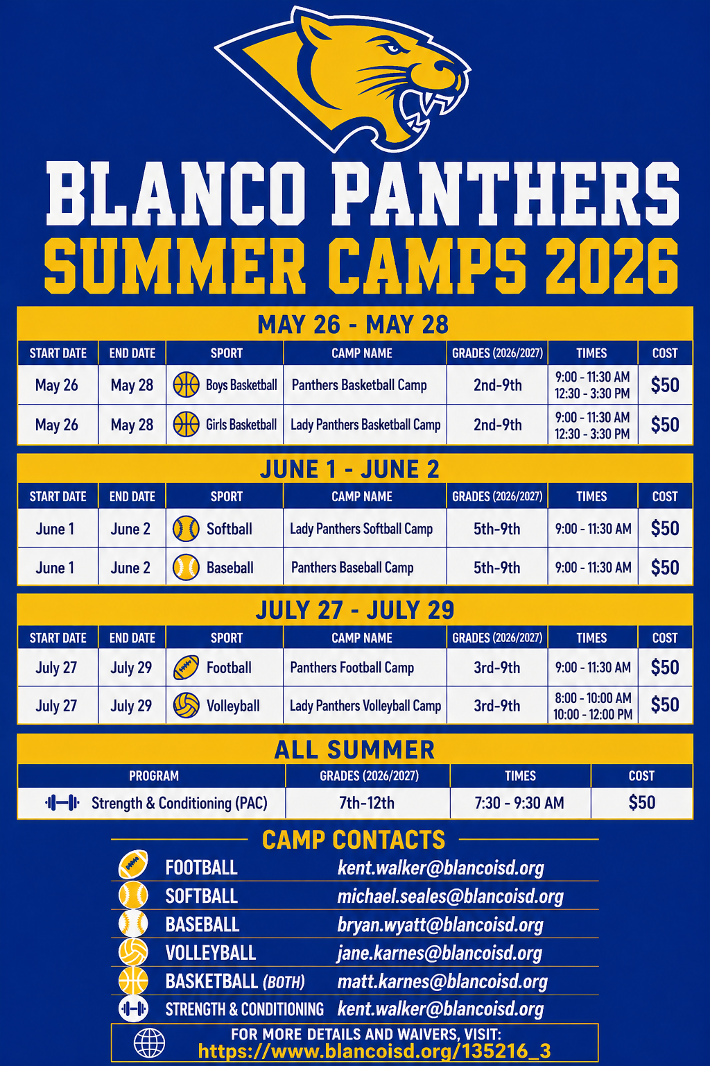 A blue and white flyer announces Blanco Panthers Summer Camps 2026.