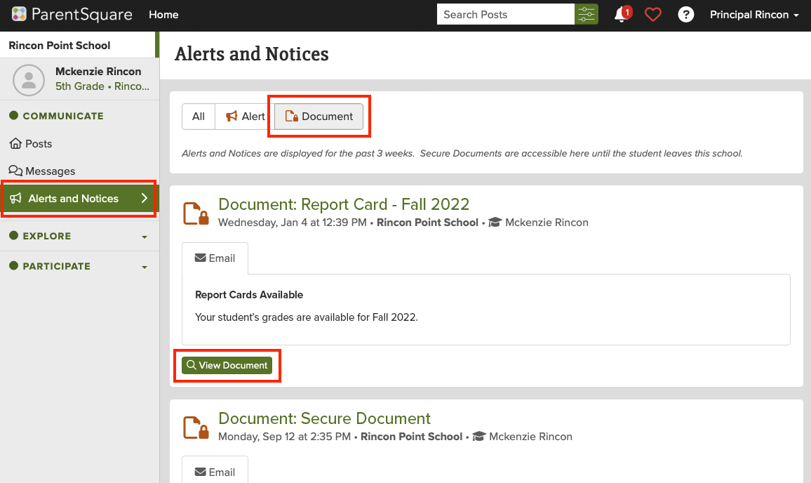 Screenshot of a ParentSquare page displaying alerts and notices.