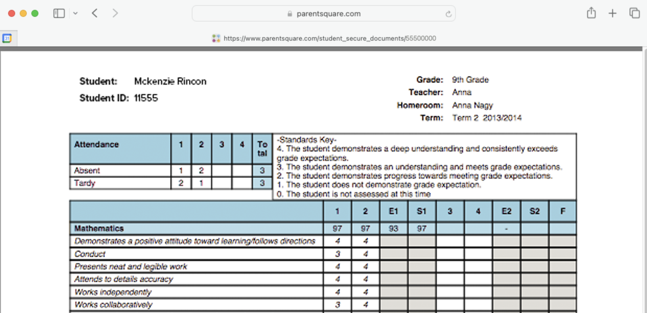 A student's report card is displayed on a computer screen.