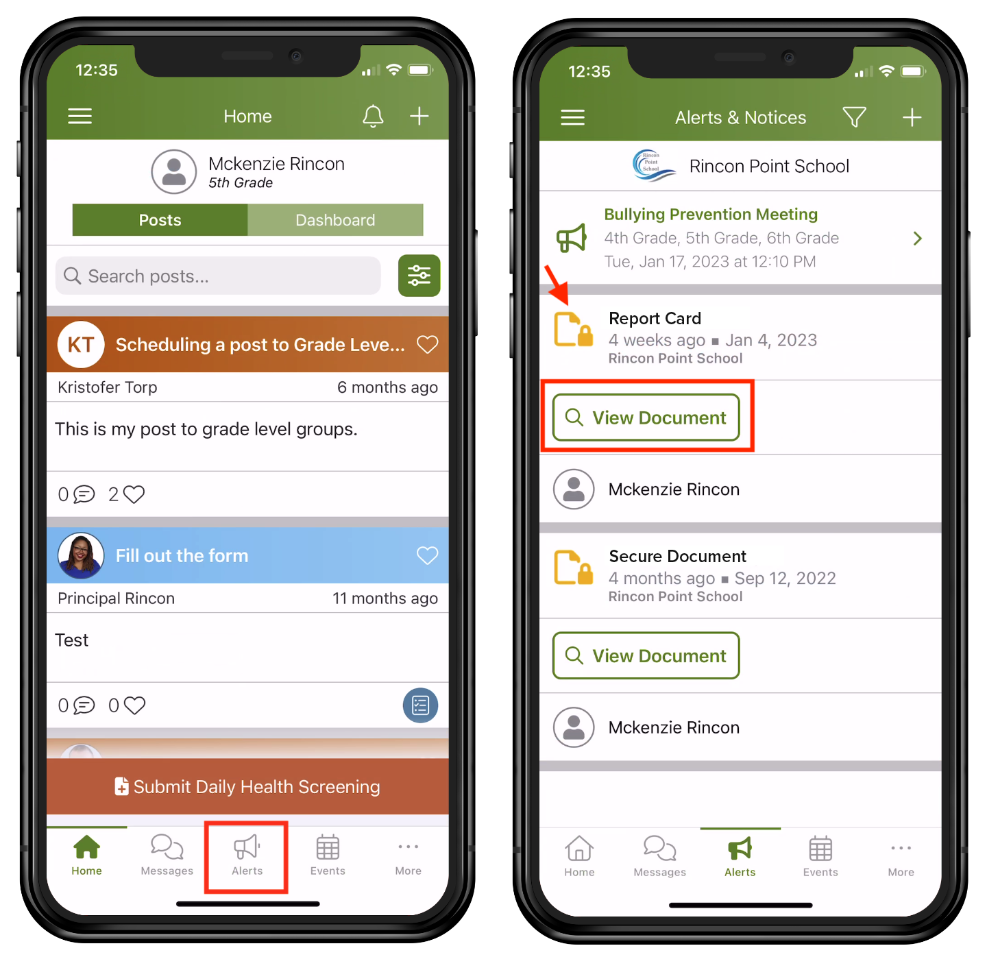 Two mobile phone screens display a school app interface with alerts and notices.