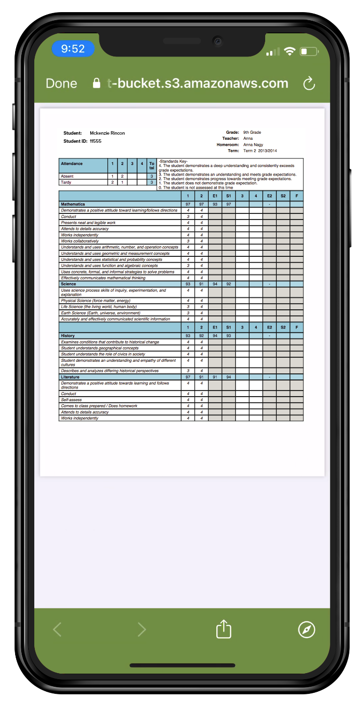 A smartphone displays a student's report card with grades and attendance information.