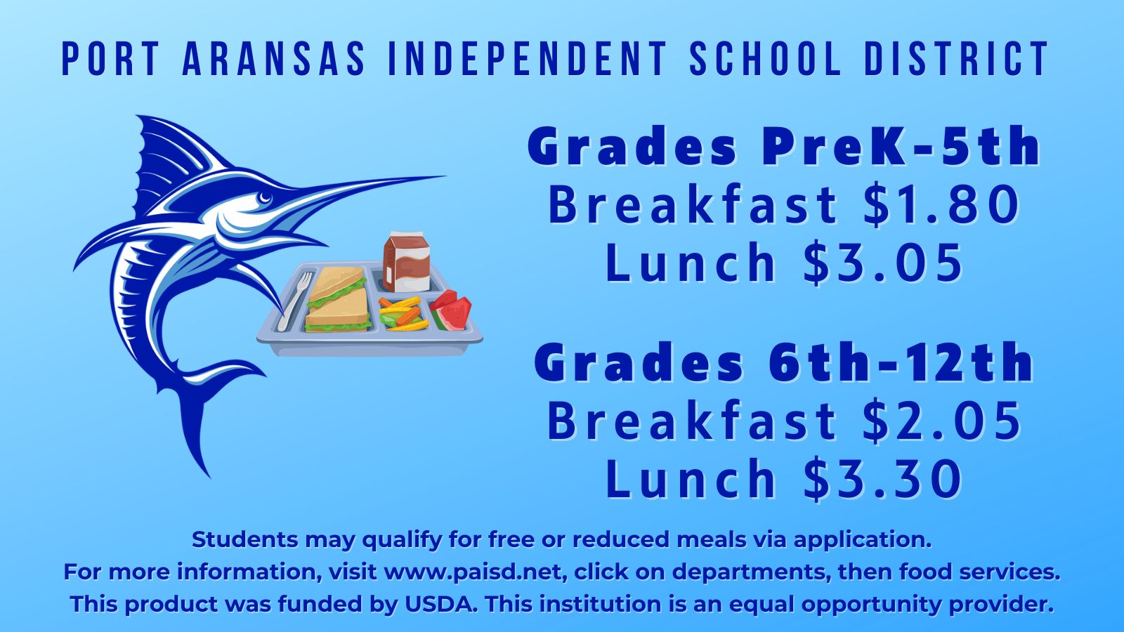Image of a marlin and cafeteria tray listing prices of breakfast and lunch