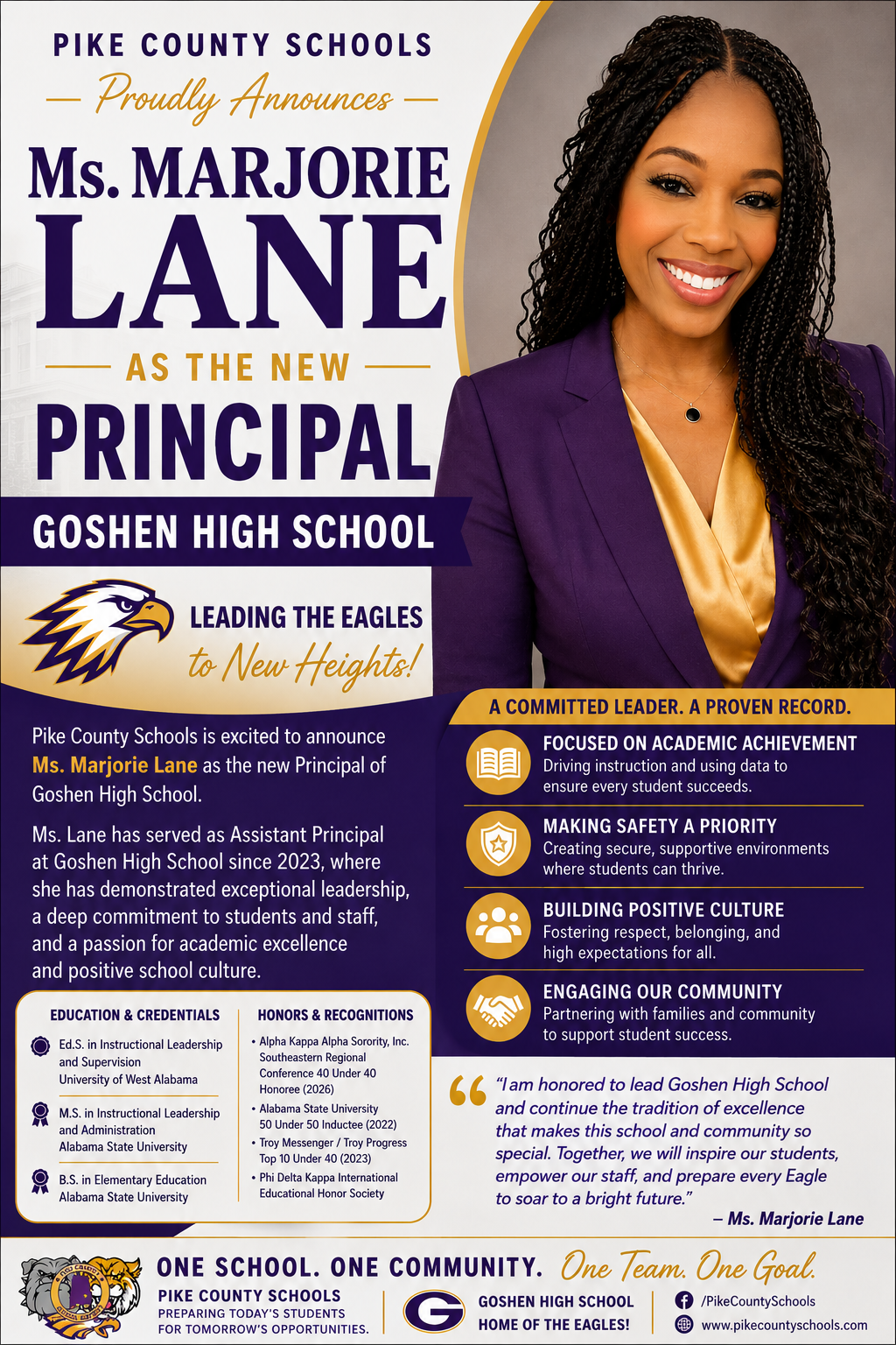 Poster announcing Ms. Marjorie Lane as the new principal of Goshen High School.