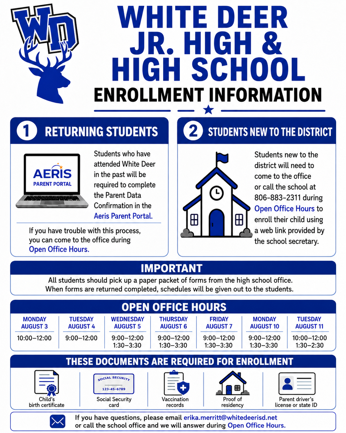 Poster for White Deer Jr. High & High School enrollment information.