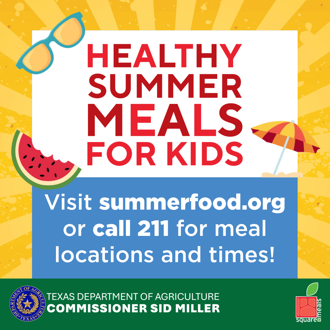 Graphic promoting "Healthy Summer Meals for Kids" with a watermelon slice, sunglasses, and a beach umbrella.