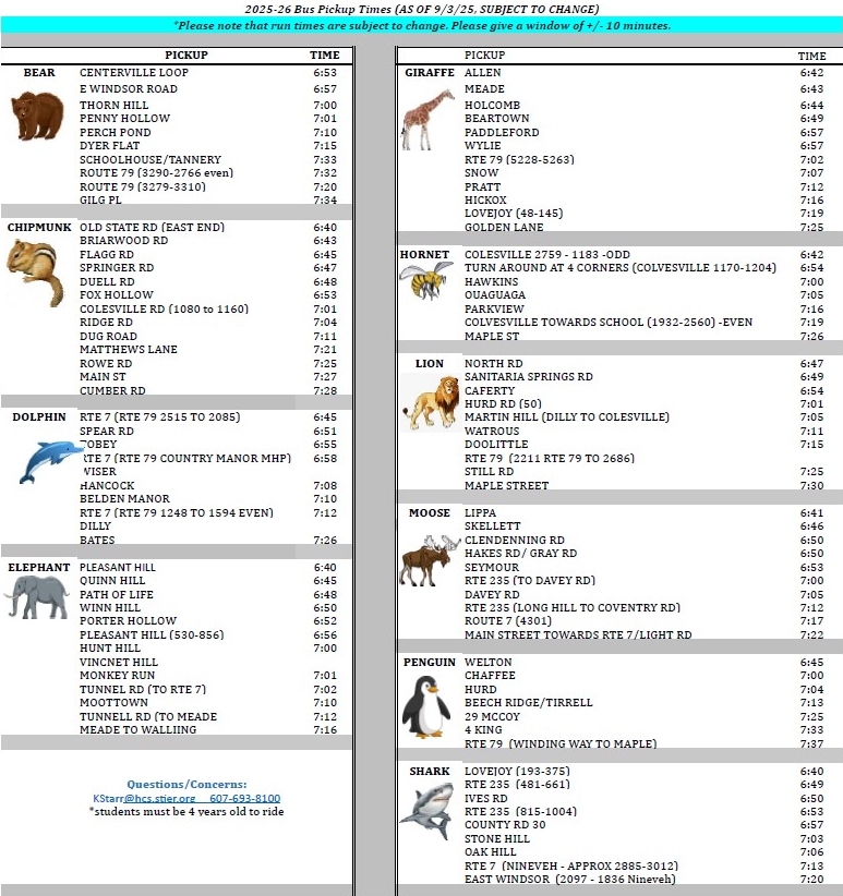 2025-26 bus route morning pick up schedule