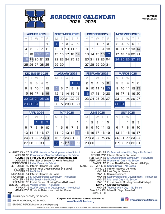 A detailed academic calendar for Xenia Schools, covering the 2025-2026 school year.