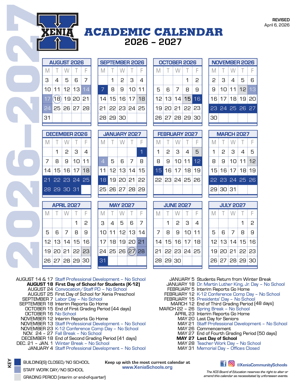 Academic Calendar 2026-2027 for a school, showing monthly grids with highlighted dates.