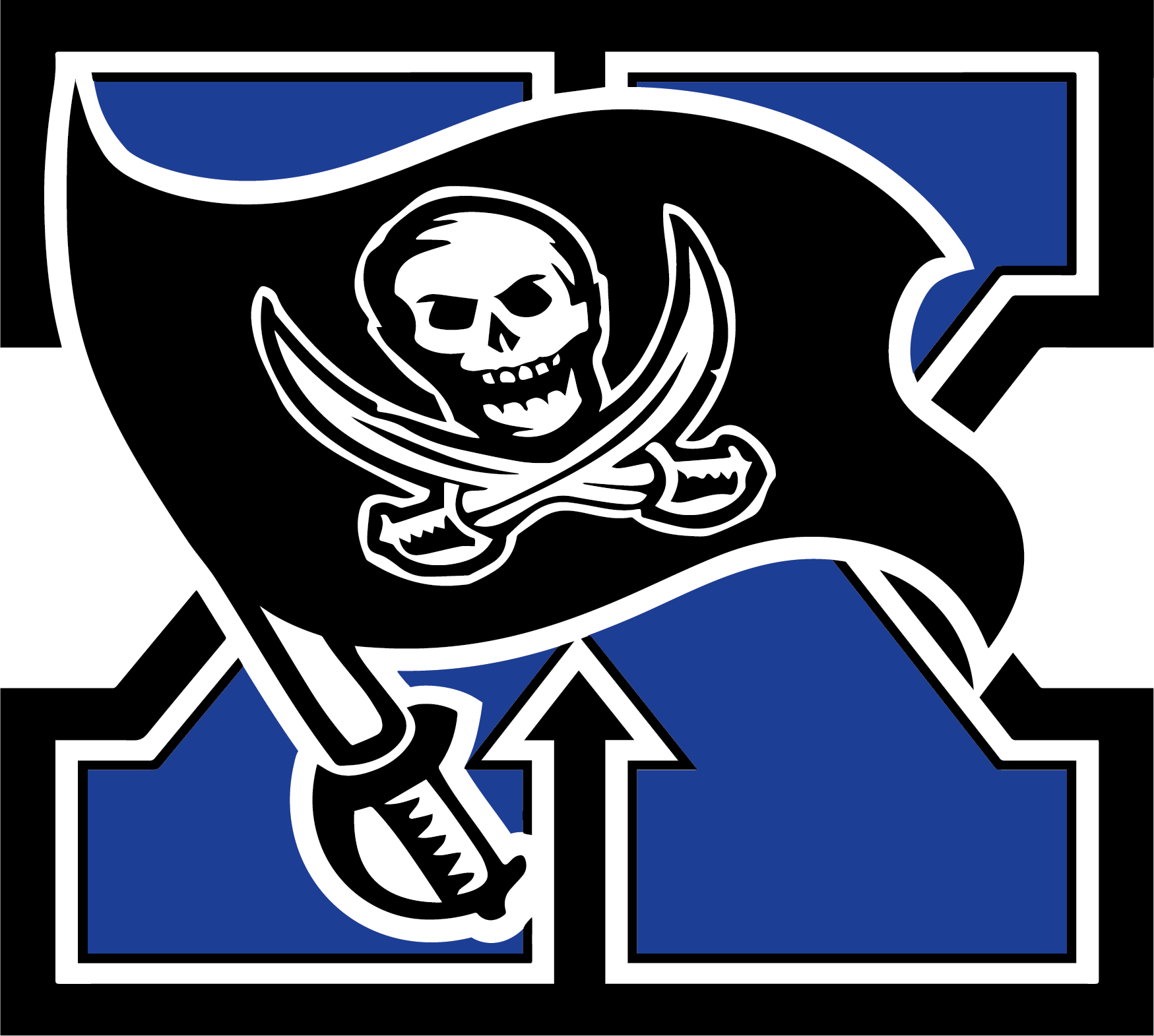 A pirate flag with a skull and crossbones waves against a blue and white background.