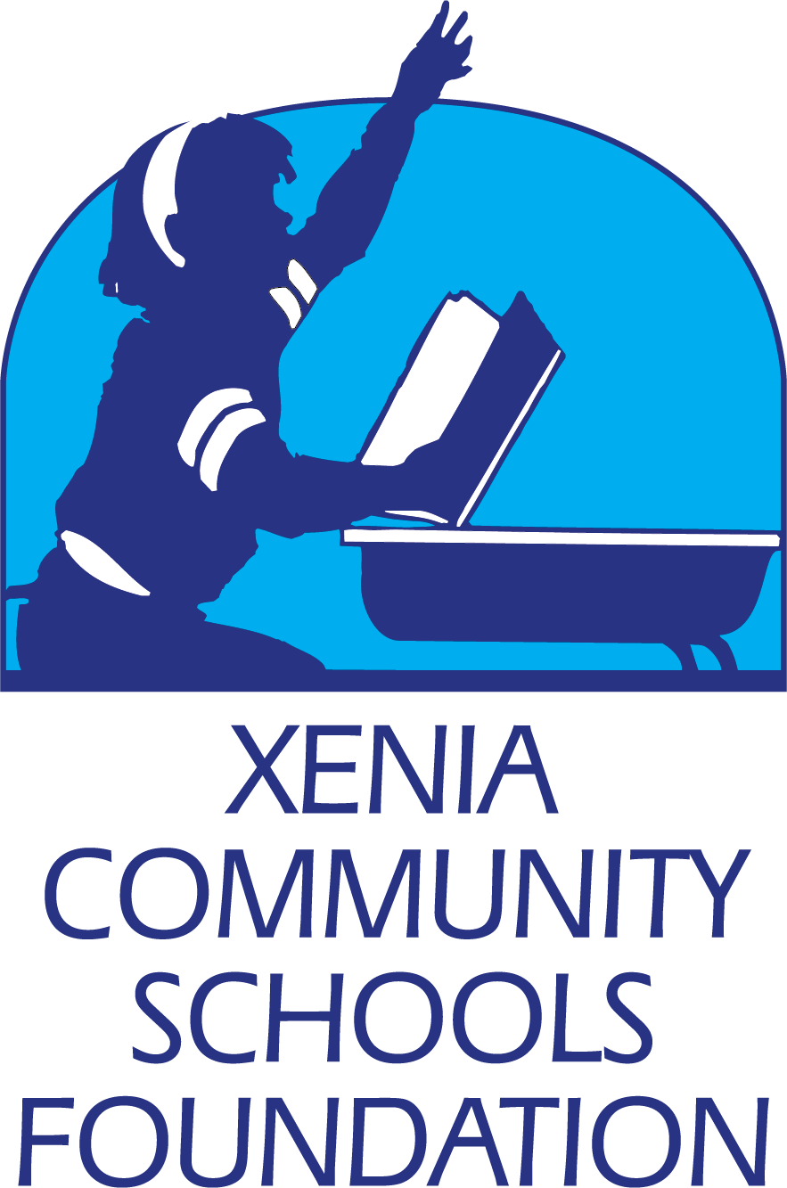 Logo for Xenia Community Schools Foundation featuring a student reading.