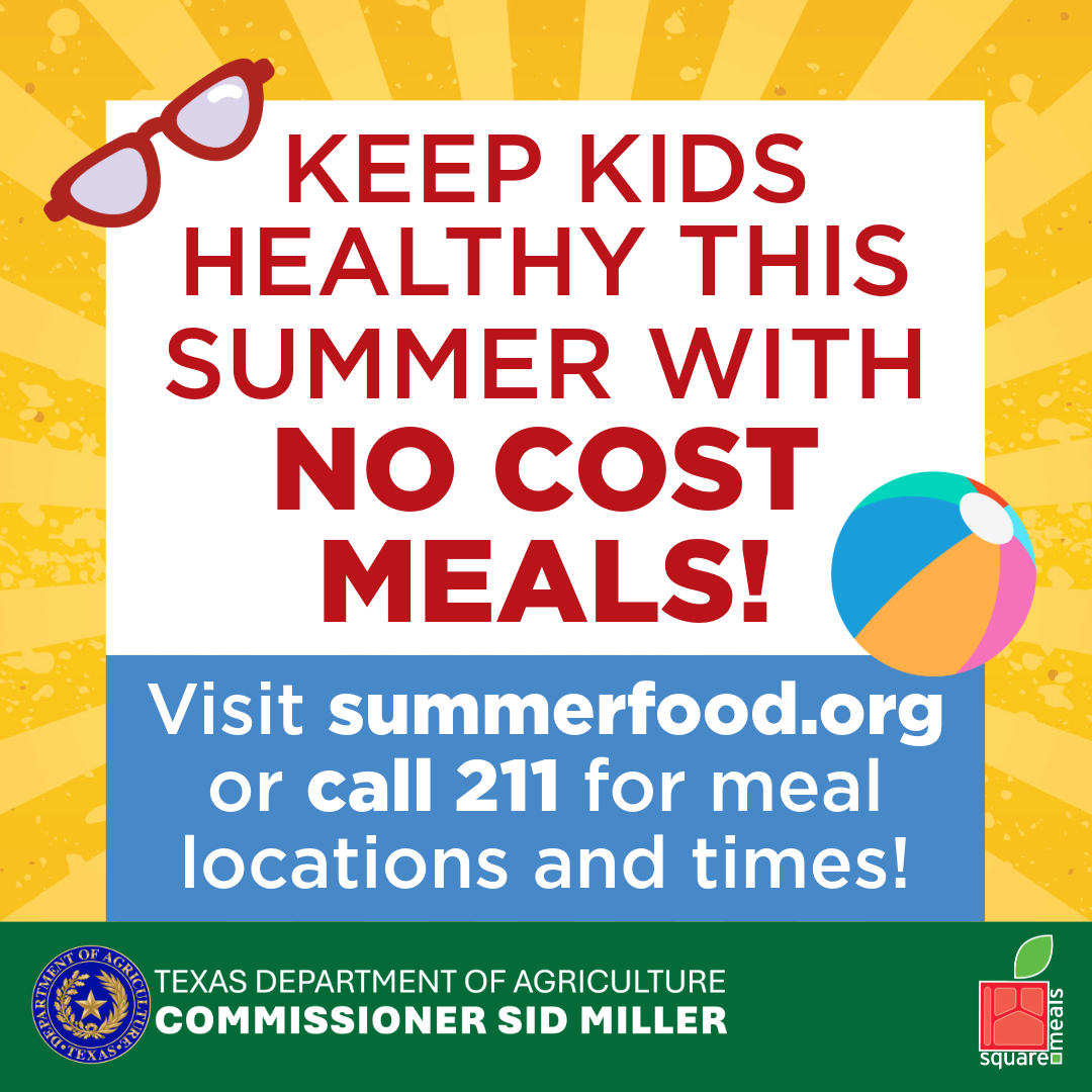 A colorful graphic promotes free summer meals for kids, featuring sunglasses and a beach ball.