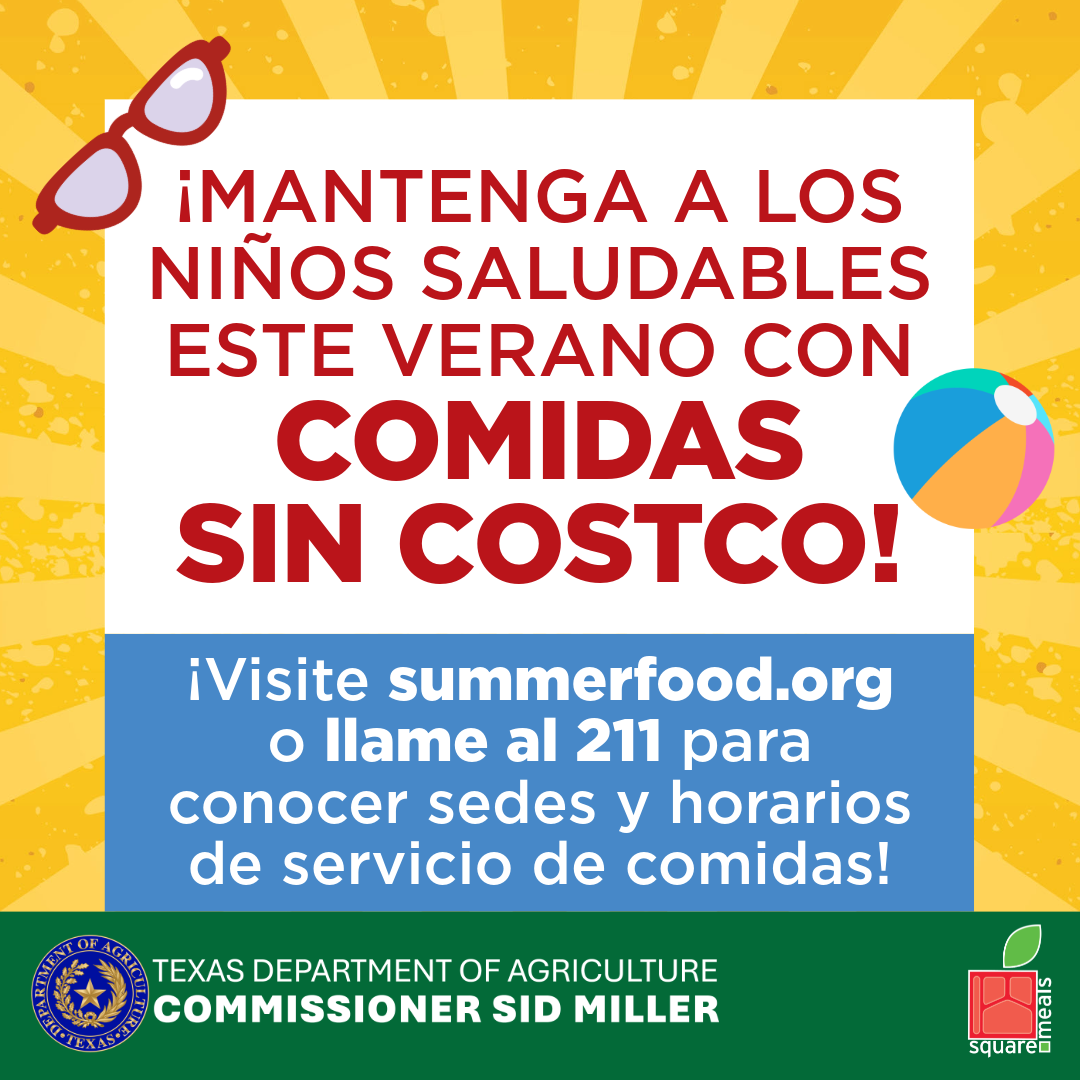 A colorful graphic in Spanish promotes free summer meals for children, with contact information.