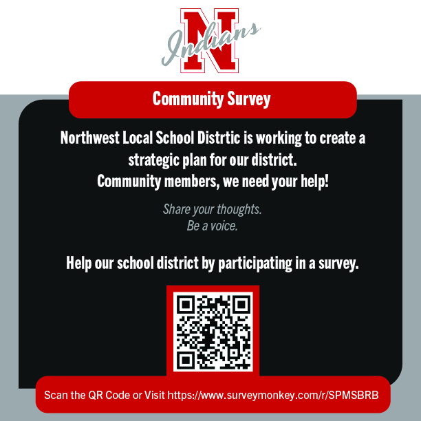 A community survey graphic with text inviting participation in a school district's strategic plan.