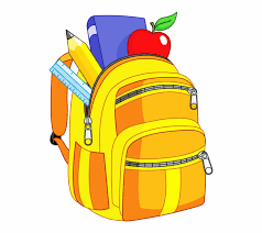 A bright yellow backpack is filled with school supplies, including a pencil and apple.