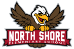 A school mascot logo featuring an eagle gripping a red banner that reads 'North Shore Elementary School'.