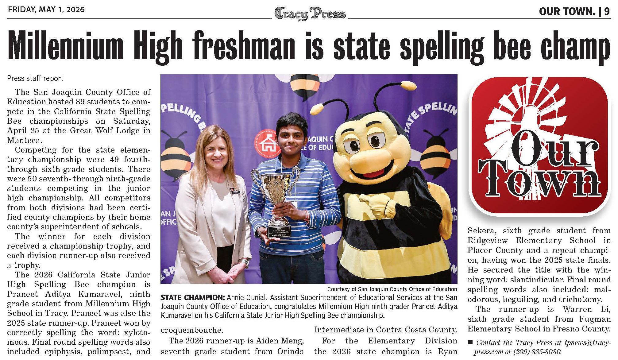 Newspaper clipping featuring a headline about a spelling bee champion.