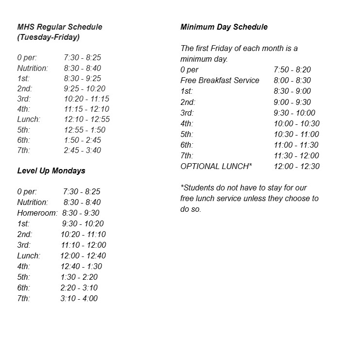A document displays two school schedules: a regular day schedule and a minimum day schedule.