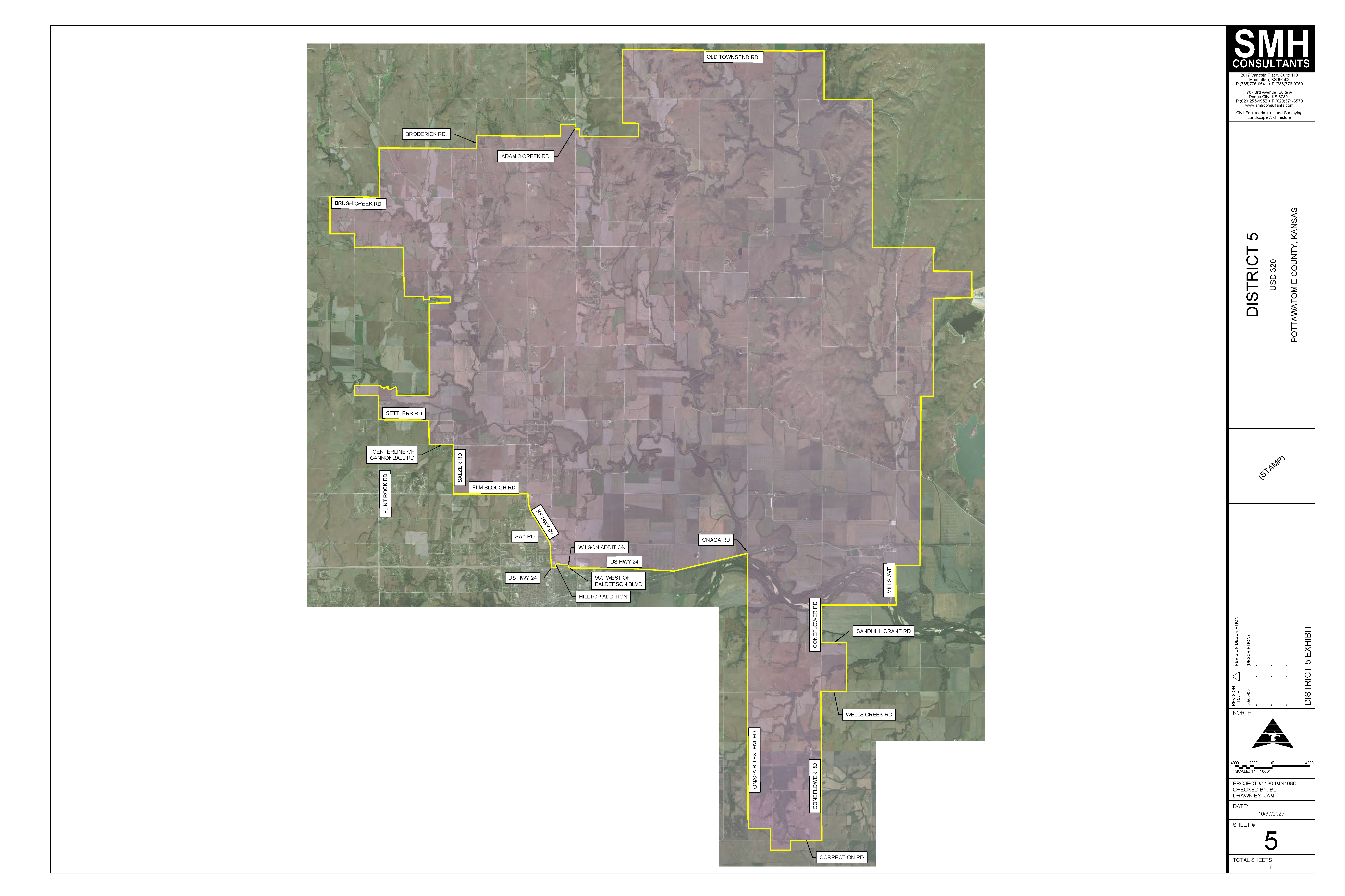 Aerial map of District 6, shaded in pink/purple with yellow boundary lines. The district covers the southernmost part of Wamego near the Kansas River, including Poplar St, 3rd St, Maple St, Vine St, Oak Hill Subdivision, and Country Club Circle. The Wamego Country Club and surrounding residential streets are visible at the top left.