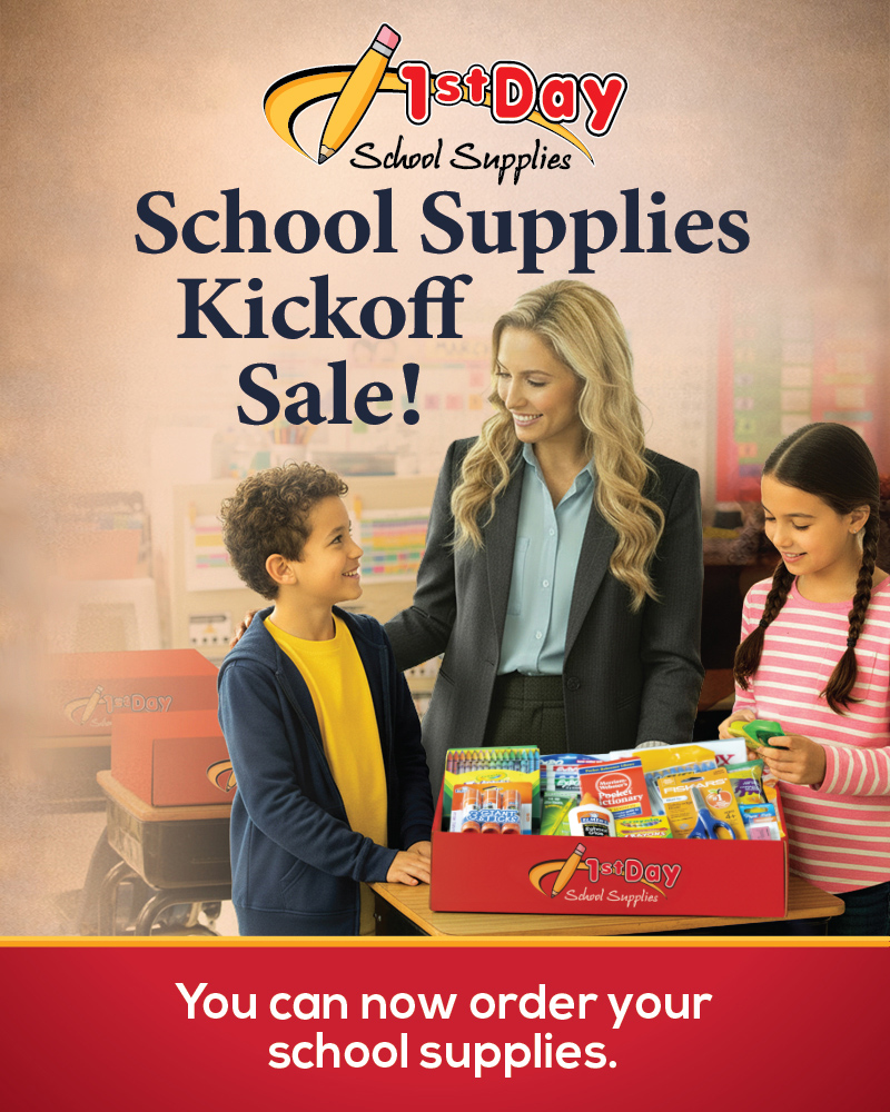 A woman and two children stand near a box of school supplies, with text that reads 'School Supplies Kickoff Sale!'
