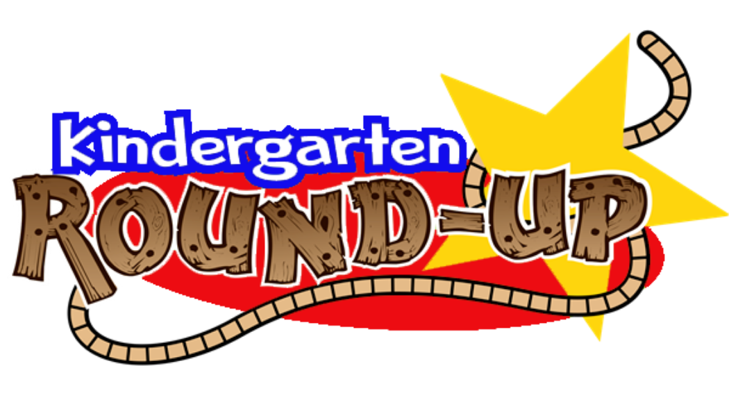A colorful logo for Kindergarten Round-Up, featuring text and a star.