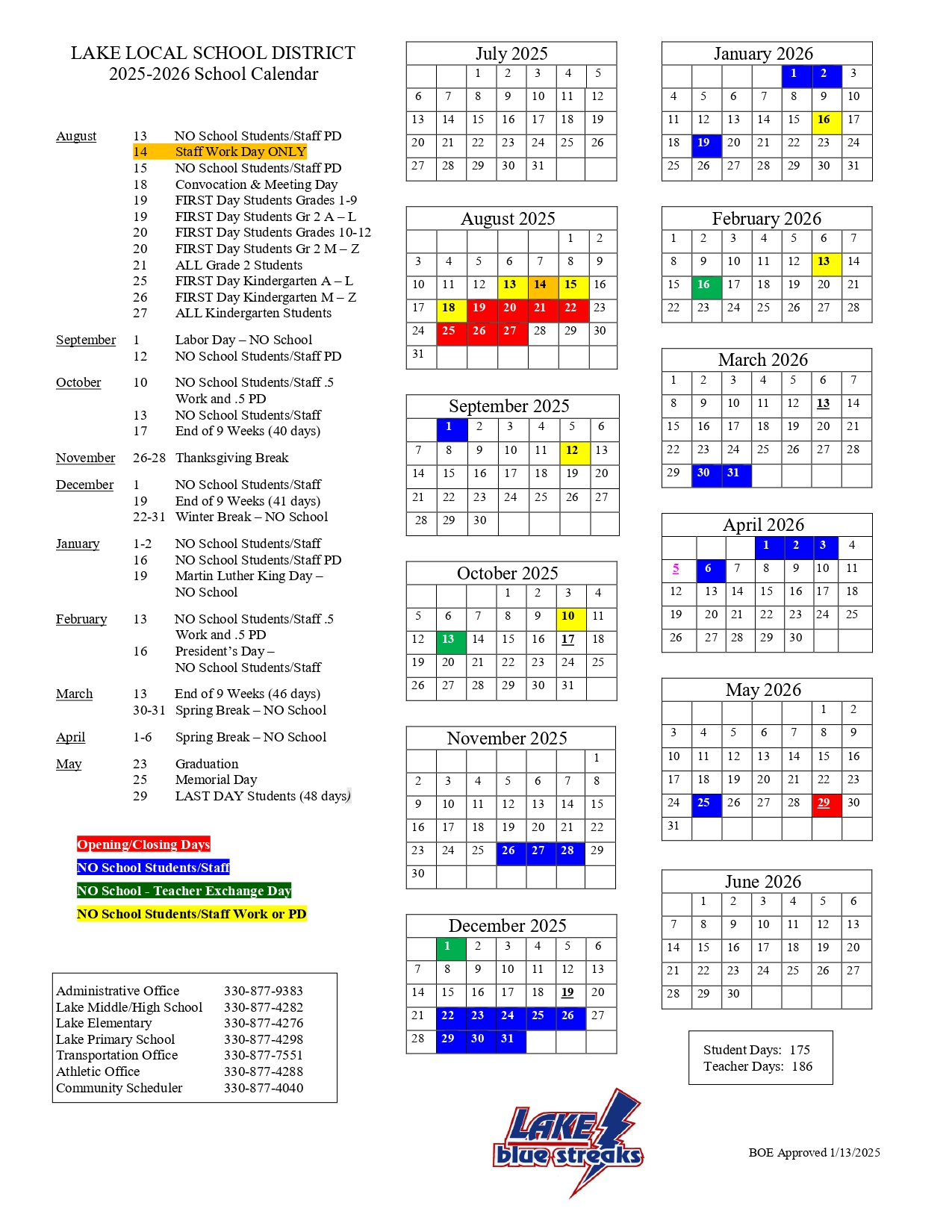 A school district calendar for the 2025-2026 academic year, with monthly grids and key dates highlighted.