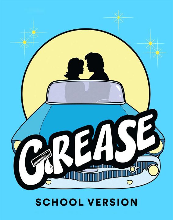 A stylized image promoting 'Grease: School Version' with a classic car and silhouettes.