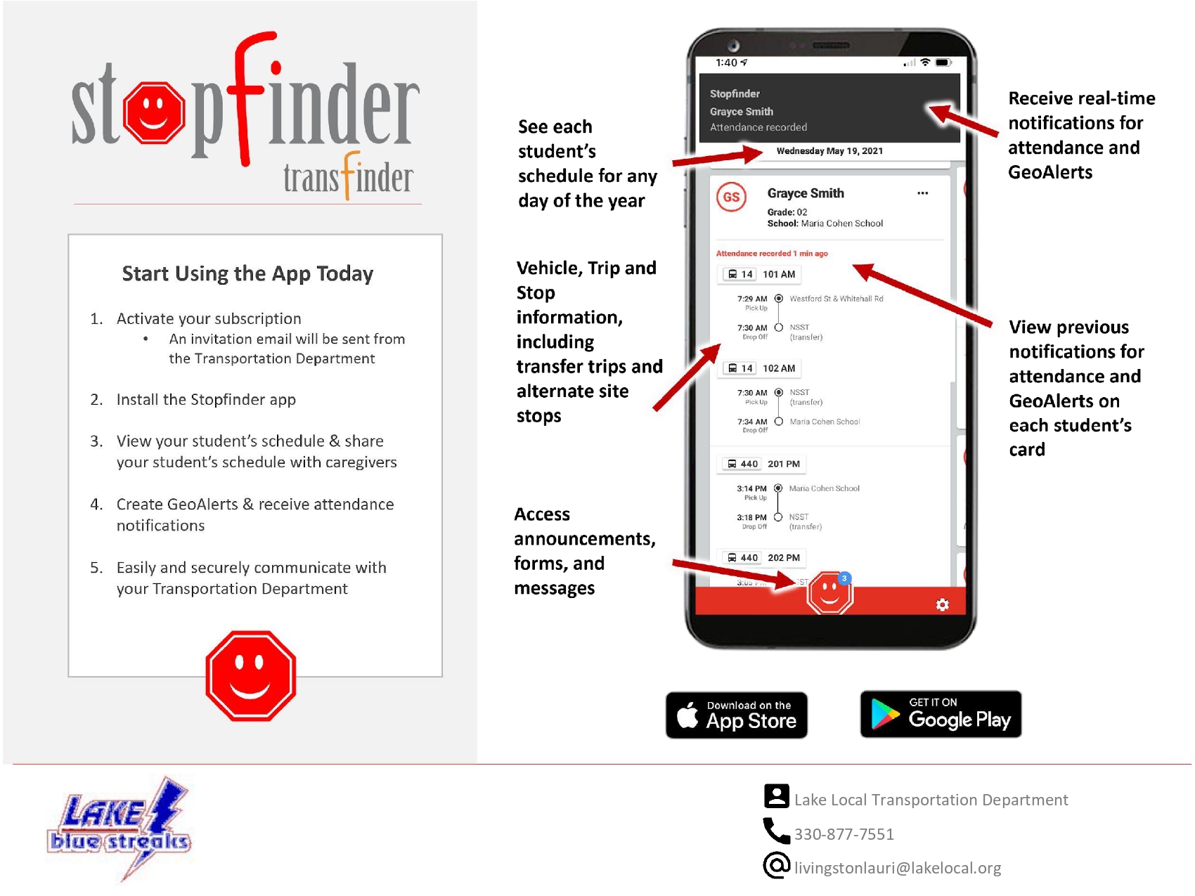 A promotional image for the Stopfinder app, showcasing its features on a smartphone.