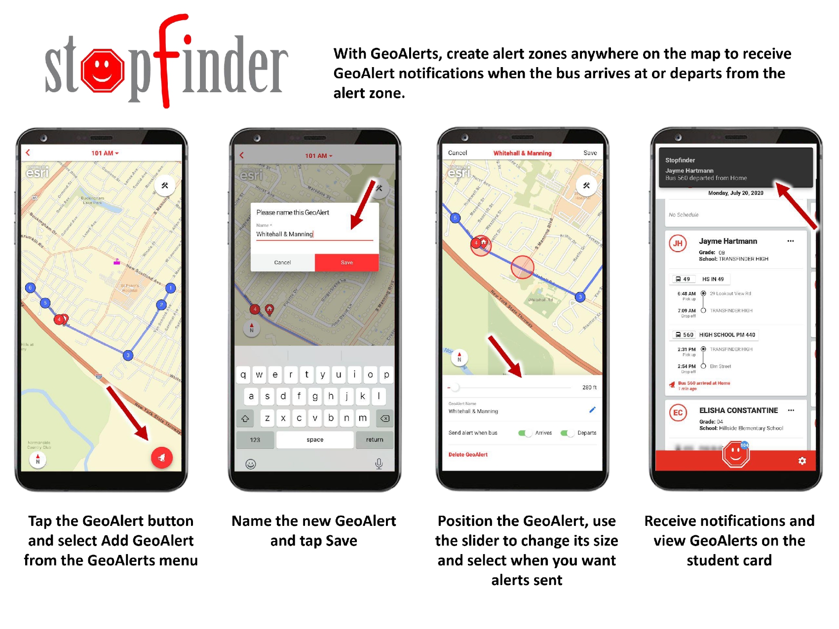 Four smartphone screens display the Stopfinder app, showcasing its features.