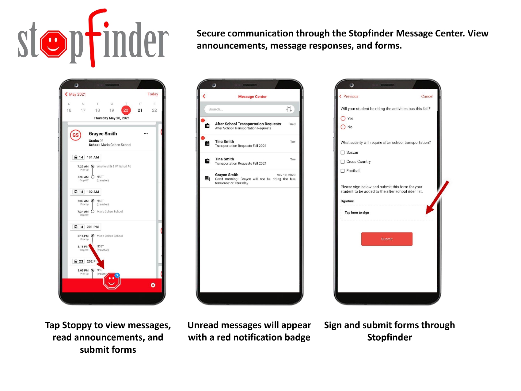 Three smartphone screens display the Stopfinder app interface.