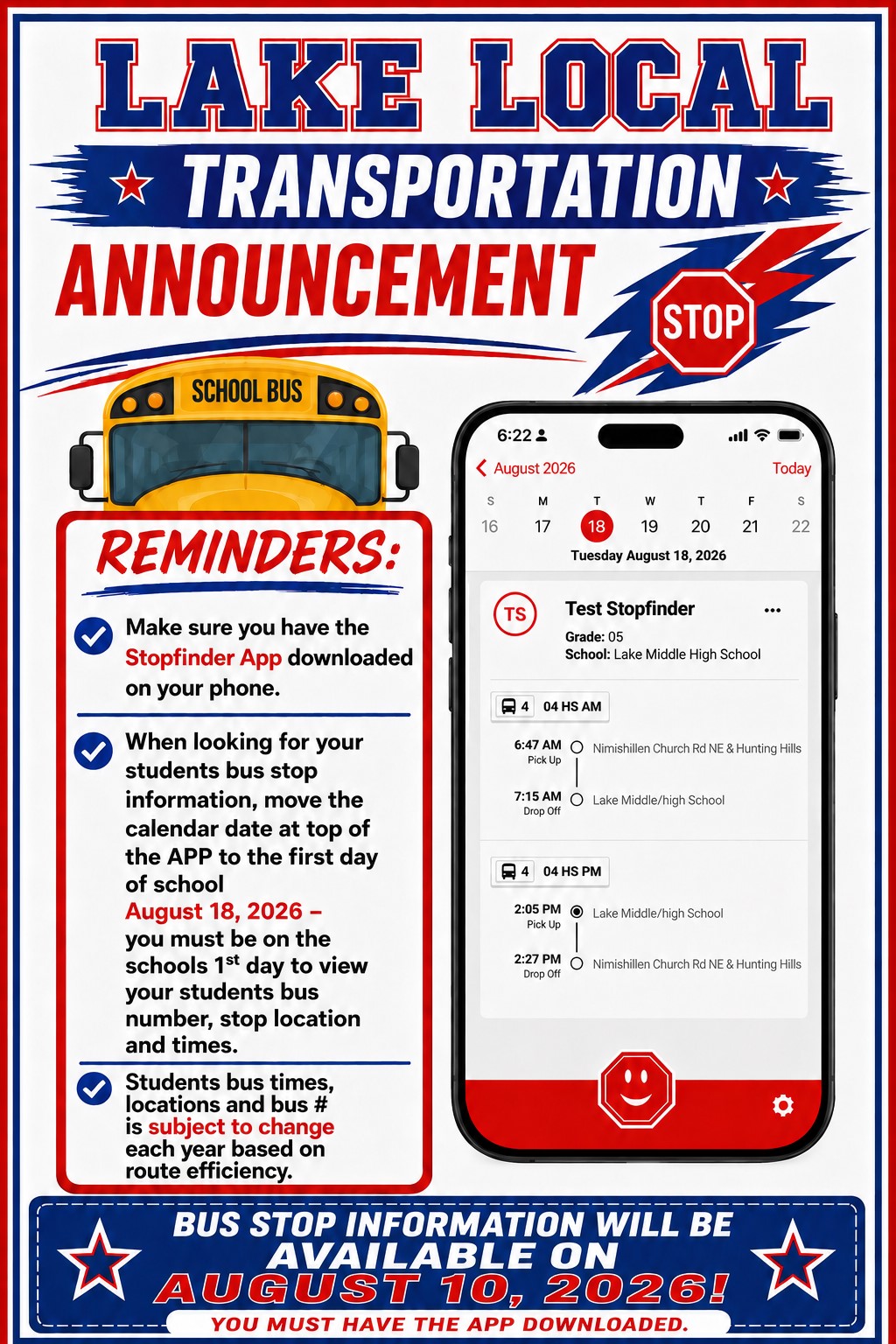 Poster announcing Lake Local Transportation with a school bus and a smartphone displaying a bus stop app.