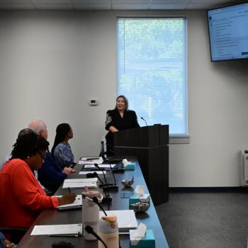 A woman presents to a group of people seated at a conference table in a meeting room.