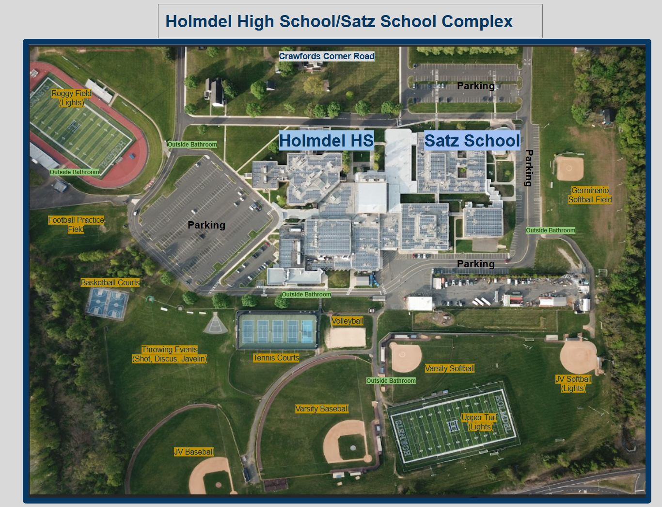 Aerial view of Holmdel High School and Satz School Complex, showing buildings, fields, and parking areas.