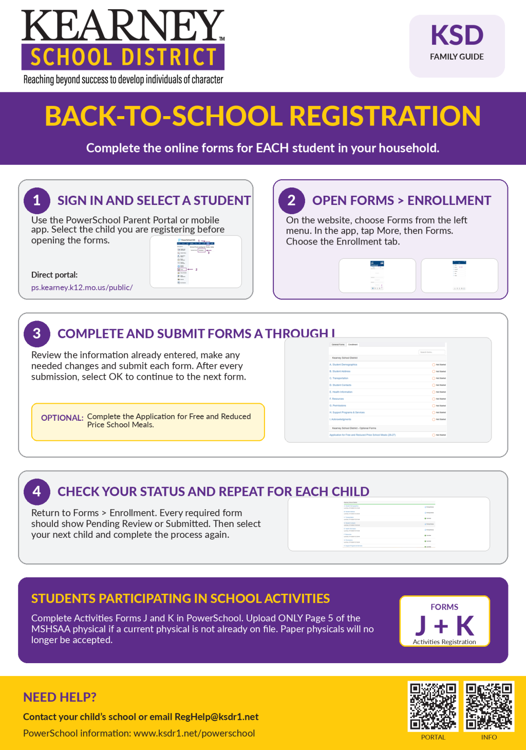 Kearney School District Back-to-School Registration guide with four steps.