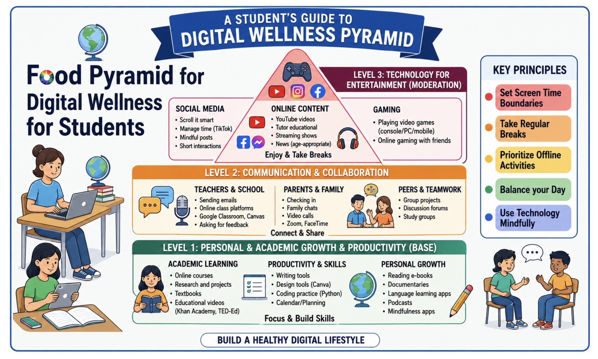 A student's guide to the Digital Wellness Pyramid, illustrating healthy online habits for students.