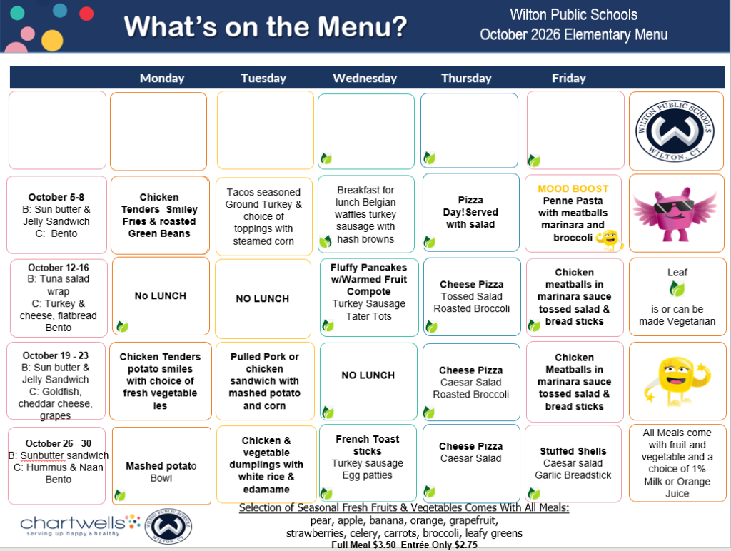 A school lunch menu for October 2020, titled 'What's on the Menu?', displayed in a calendar grid format.