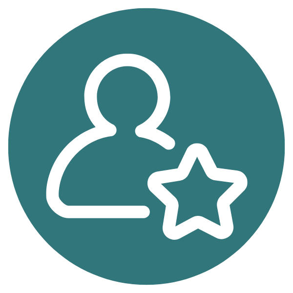 A white outline of a person with a star icon, inside a teal circle.