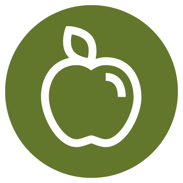 A white outline of an apple with a leaf, inside a green circle.