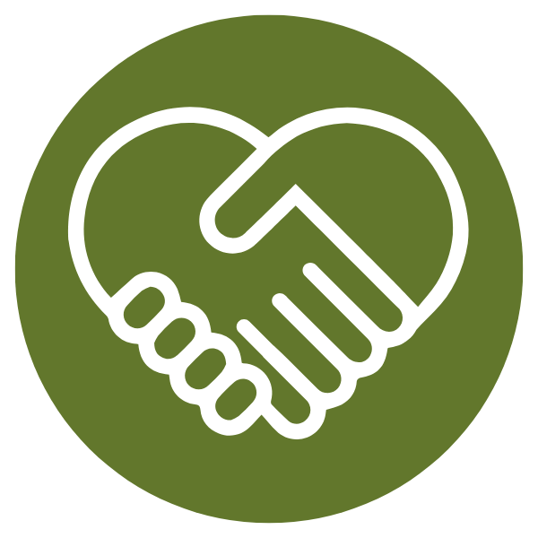 A white outline of two hands shaking, forming a heart shape, on a green circle.