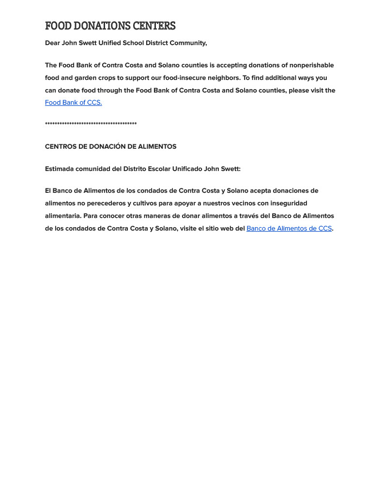 Text on a document titled 'Food Donations Centers' with English and Spanish text.