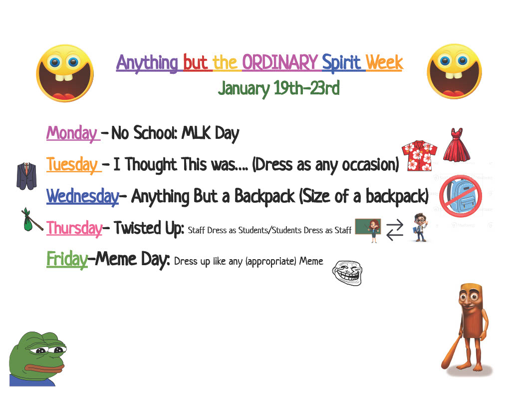 A colorful flyer announces a spirit week with daily themes.
