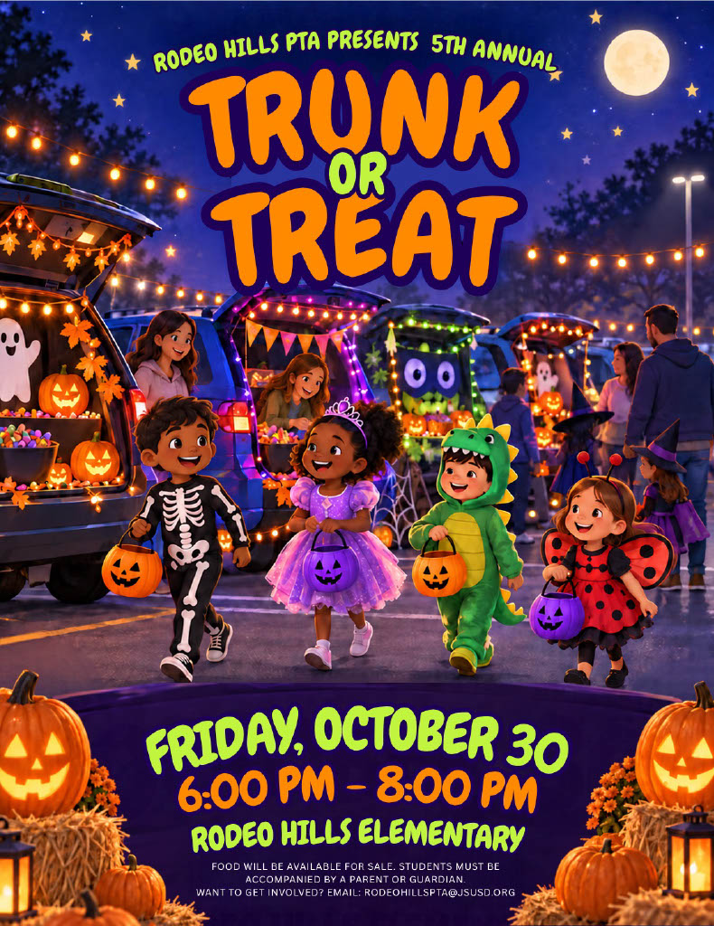 A colorful flyer for the 5th Annual Trunk or Treat at Rodeo Hills Elementary on Friday, October 30.
