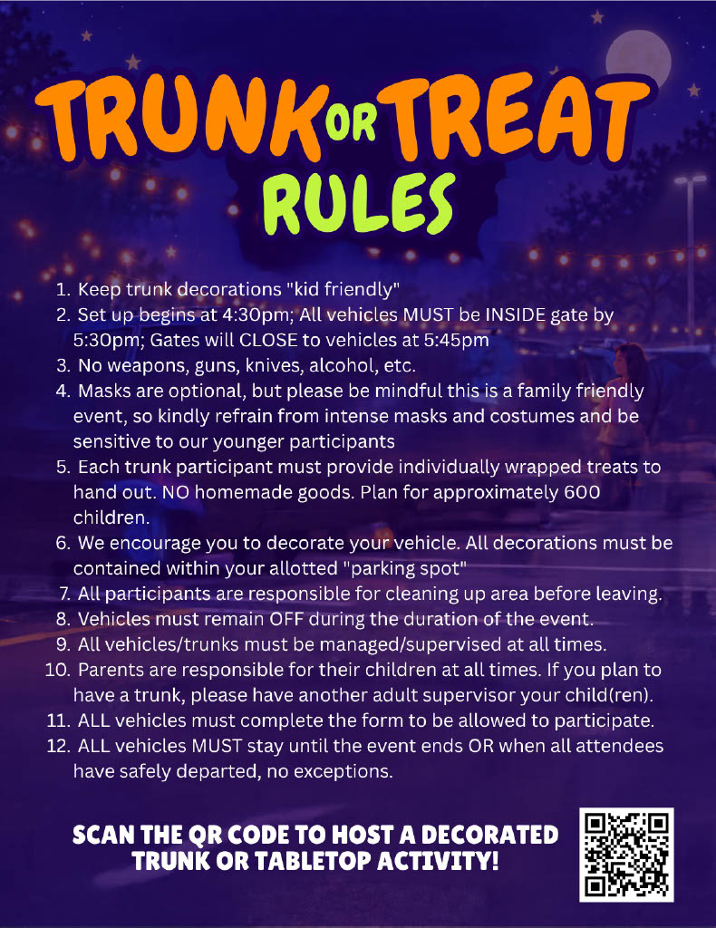 A purple flyer titled Trunk or Treat Rules lists twelve guidelines for participants, including a QR code at the bottom.