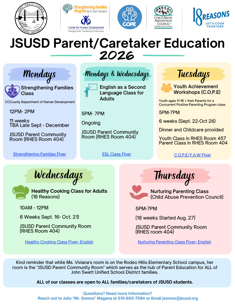 A flyer for JSUSD Parent/Caretaker Education 2026 outlining various classes and workshops held throughout the week.