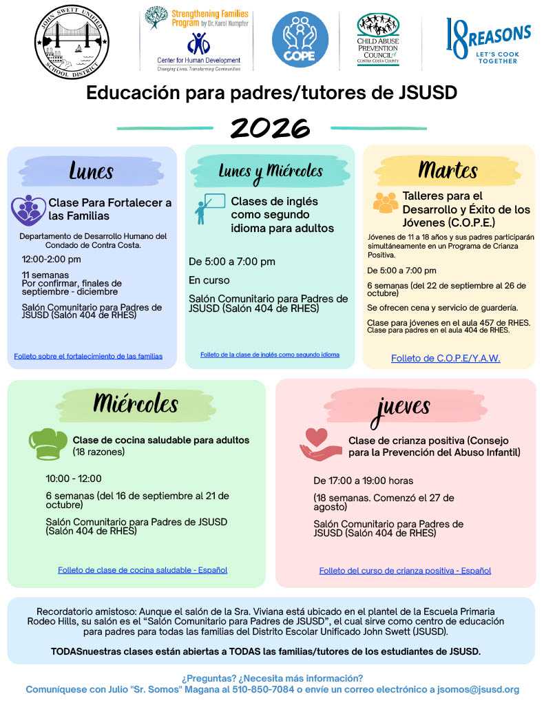 A colorful flyer in Spanish outlines the 2026 education schedule for parents and guardians of JSUSD, organized by days of the week.