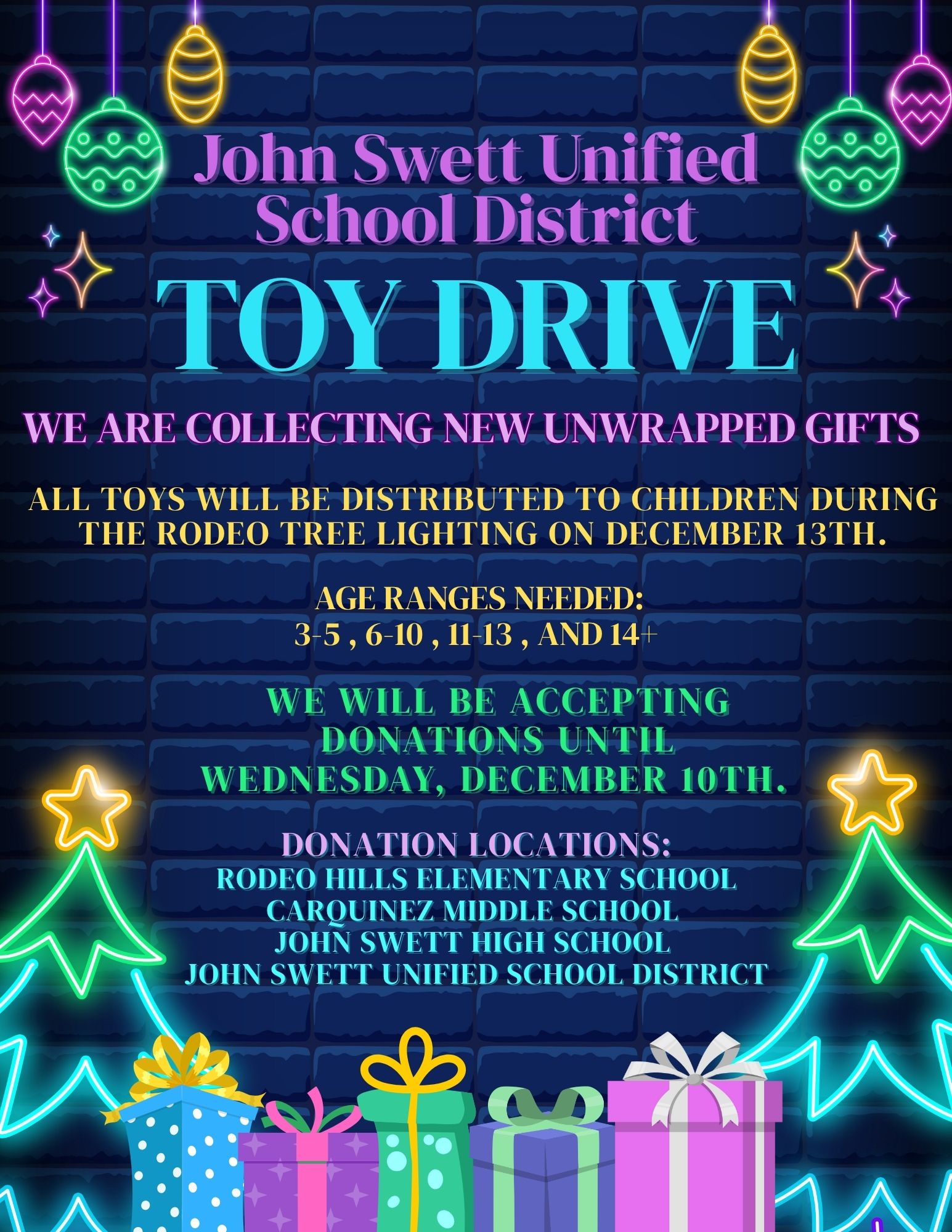 A colorful flyer announces a toy drive for the John Swett Unified School District.